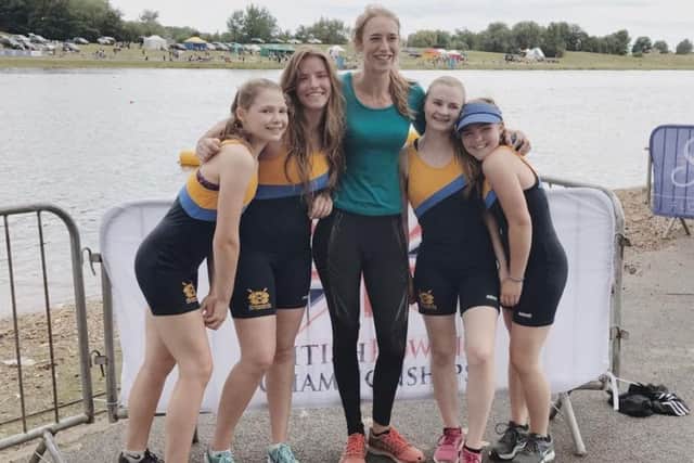 Peterborough City's J16 quad at the British Championships, from left, Hannah bassett, Libby Jarvis, Rebecca Clephan (coach), Georgina Parker and Jenna Taylor.