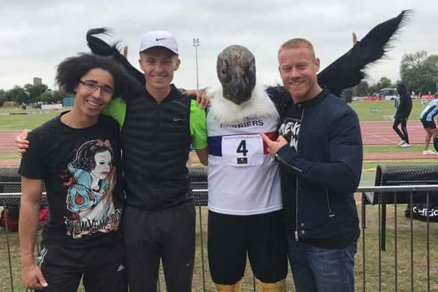 Nene Valley Harriers were represented at Bedford by, from left, Isaac Huskisson, Lloyd Kempson. Harry the Harrier and Adam Fidgett.