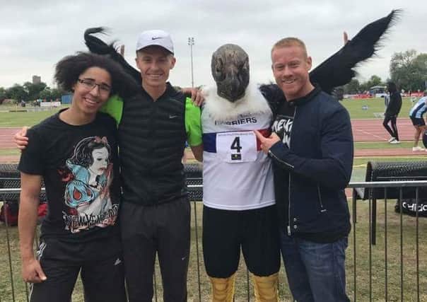 Nene Valley Harriers were represented at Bedford by, from left, Isaac Huskisson, Lloyd Kempson. Harry the Harrier and Adam Fidgett.