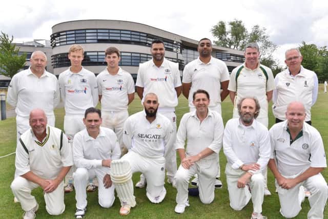 The Old Deaconians team beaten by a Beacon's School XI, (front, left to right), Bill Hall, Zafar Iqbal, Kasim Ikhlaq, Andy Croson, Colin Slater, Kevin Henson, (back,) Ade Lee, Scott Howard, Lewis Bruce, Ajaz Akhtar, Asam Ali, Andy Fairchild and Simon Clarke.