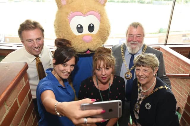 Greyhound track selfie launch with Richard Perkins, Tracy Snooks, city tourism manager, Hannah Thompson, business manager at the track with mayor and mayoress