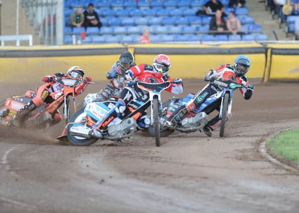 Panthers guest Rory Schlein leads heat one at the first corner against Redcar. Photo: David Lowndes.