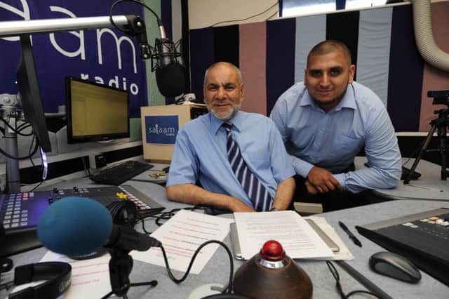 Ansar Ali and Kassim Mahmood (station manager) at  Salaam Radio inside the Iqbal Centre, Cromwell Road. EMN-170717-222609009