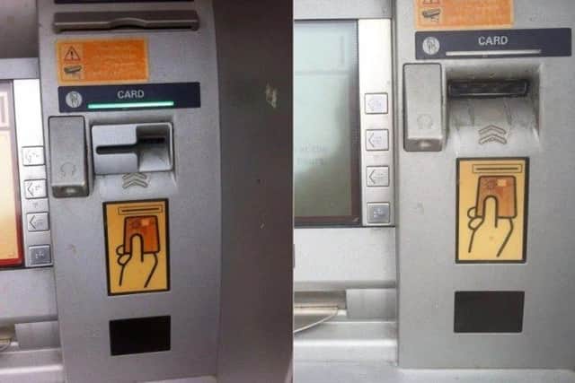 The skimming device in place (left) and the cashpoint with the fradulent device removed (right)