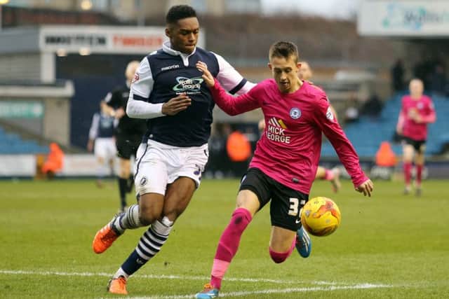 Jordan Nicholson playing for Posh against Millwall.