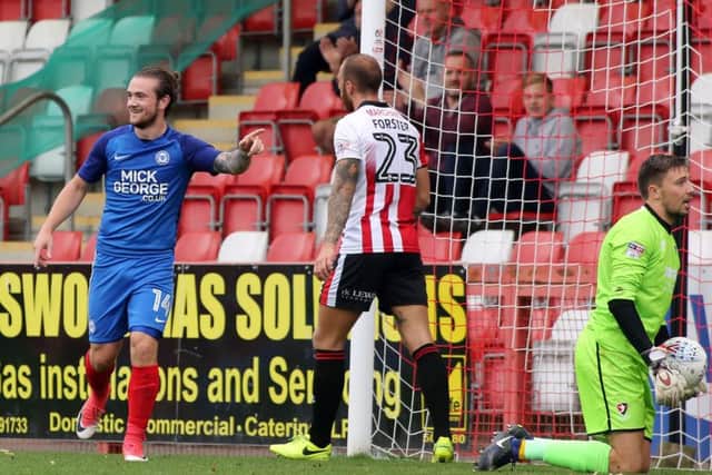 Posh striker Jack Marriott after scoring his second goal at Cheltenham. Photo: Joe Dent/theposh.com.