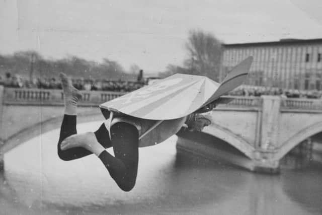 Walter Cornelius attempting to fly across the River Nene.