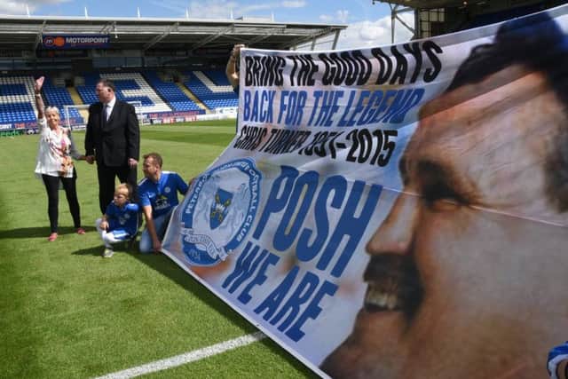 Lynne Turner - the widow of Posh legend Chris Turner - on the pitch before a memorial game between Posh and Cambridge.