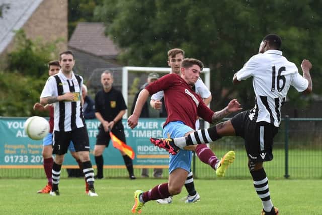 Jezz Goldson-Williams scores for Peterborough Northern Star against Deeping Rangers. Photo: Chantelle McDonald.  @cmcdphotos.