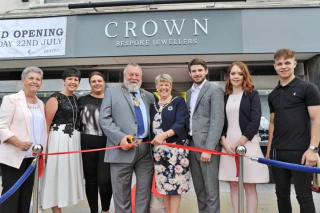 Opening of the Crown Jewellers at Exchange Street. Mayor and Mayoress John and Judy Fox with  members of the family business Jeanette Myers, Cathy Powell (Managing director), Natalie Rodgers (store manager), Matthew and Jade Powell and Kyle Simmonds EMN-170723-154701009
