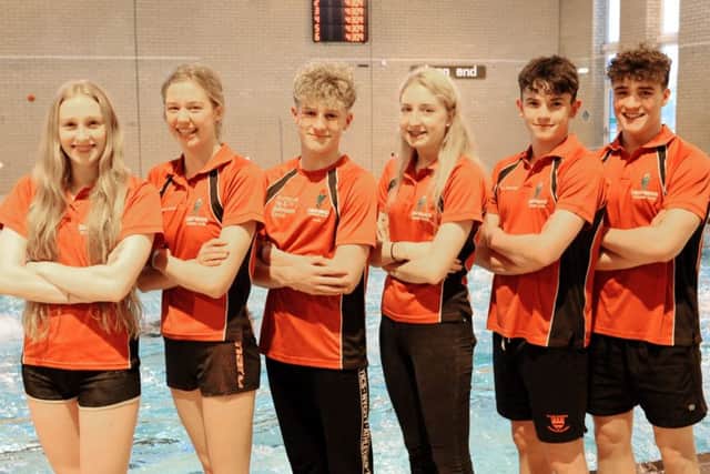 The Deepings Swimming Club national squad  left to right: Bailie Harrison, Isabel Spinley, Louis Metselaar, Chloe Jones, Ben Beedell and Tom Adams. (Alex Wray not pictured)