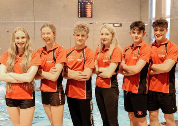 The Deepings Swimming Club national squad  left to right: Bailie Harrison, Isabel Spinley, Louis Metselaar, Chloe Jones, Ben Beedell and Tom Adams. (Alex Wray not pictured)