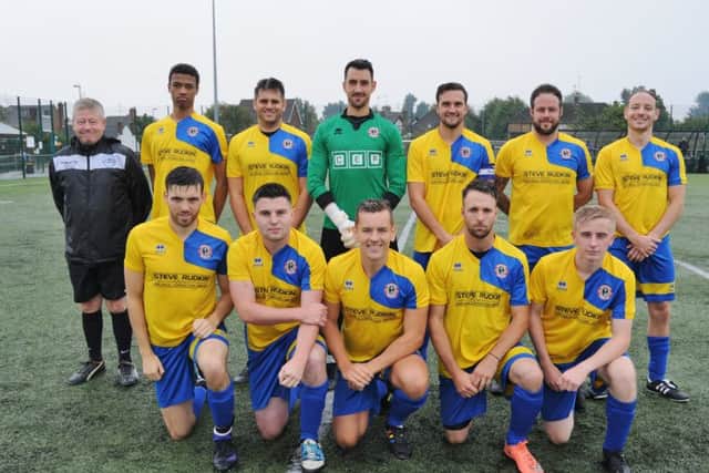 Stamford Lions before their 4-1 defeat in the Peterborough Premier Division at Netherton. Back row, left to right, Des Fedash, Josh Collins, Neil Speck, John Swales, Danny Sheehan, Michael Webb, Rob Fisher. (front)  Alex Hedley, Jack Travers, Joe Lippett, Tom Lees and Dan Aust. Photo: David Lowndes.