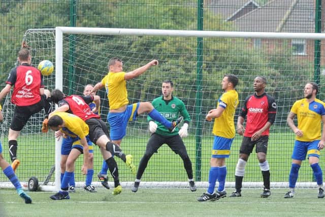 Goalmouth action from Netherton v Stamford Lions. Photo: David Lowndes.
