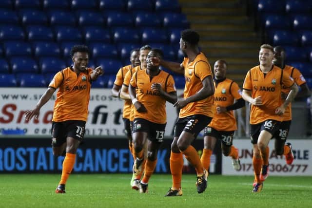 Former Posh player Shaquile Coulthirst (left) celebrates his goal for Barnet at the ABAX Stadium. Photo: Joe Dent/theposh.com.
