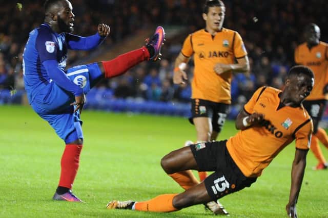 This shot from Posh striker Junior Morias was deflected wide by a Barnet defender. Photo: David Lowndes.