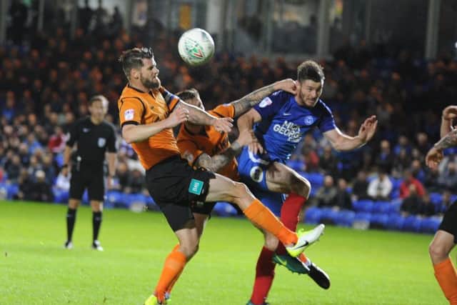 Goalmouth action from the Carabao Cup tie between Posh and Barnet. Photo: David Lowndes.