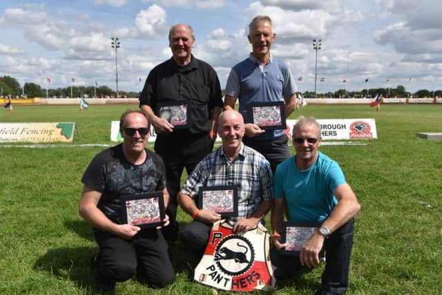 The Panthers team that won the Fours back in 1977 were at the Showground on Sunday. They are  from the left, back,  Brian Clark, Kevin Hawkins, front, Nigel Flatman, Andy Hines and Ian Clark. Picture: Kevin Goodacre