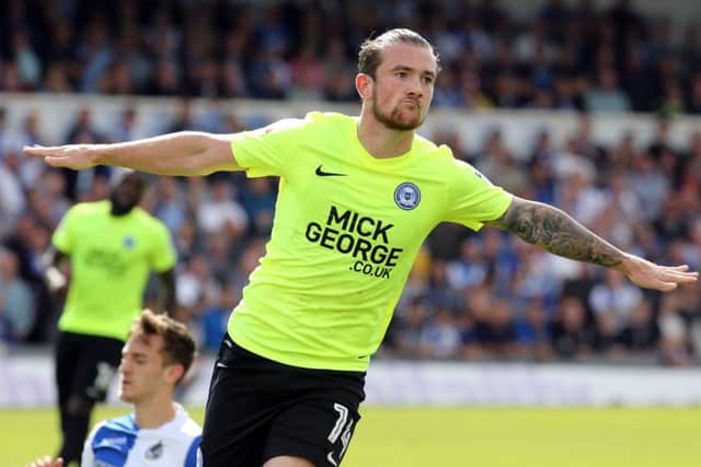 Posh striker Jack Marriott celebrates his second goal at Bristol Rovers. Photo: Joe Dent/theposh.com.