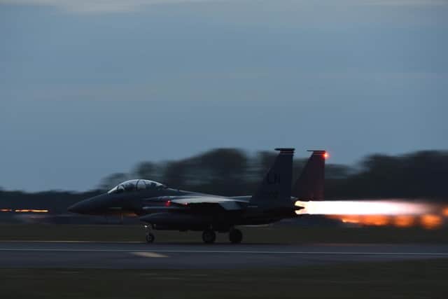 An F-15E Strike Eagle takes off at Royal Air Force Lakenheath. Photo: (U.S. Air Force photo/Airman 1st Class Eli Chevalier)