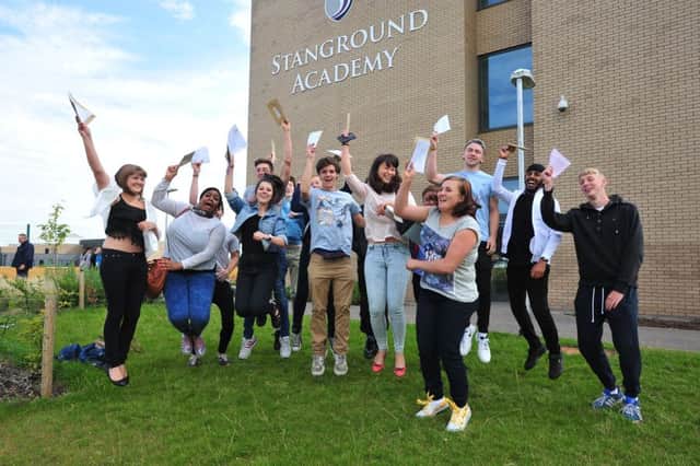 Students at Stanground Academy will be celebrating their A Level results today just like these students did when photographed by the Peterborough Telegraph previously EMN-140814-123139001