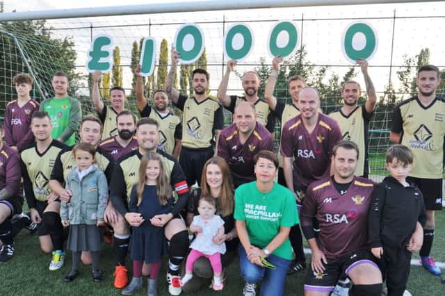 Marco Sementa with his football squads who have raised Â£10k for  Macmillan Cancer Support at the presentation to area fundraiser Michelle Hutchinson at Yaxley FC at In2itive Park, Leading Drove EMN-170909-202321009