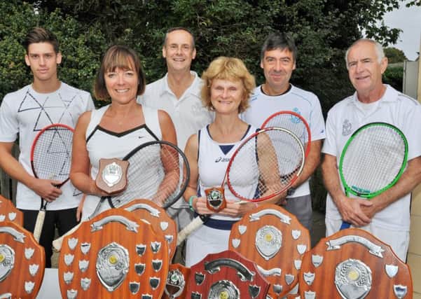 Some of the finalists at the Longthorpe Tennis Club Championships, from left, Jan Ortonowski, Alison Hurford, Julian Dowse, Caroline Worth, Phil Watson and Roy Purves.