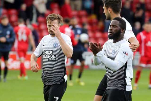 Junior Morias leads the applause of the Posh fans after the 1-1 draw at Walsall. Photo: Joe Dent/theposh.com.