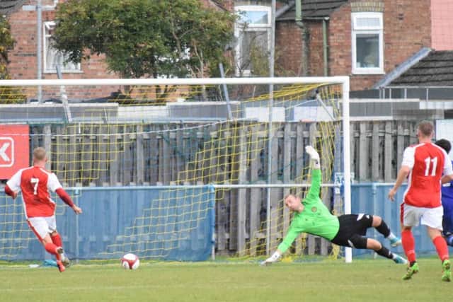 One of nine goals scored by Stocksbridge Park Steels at Peterborough Sports. Photo: James Richardson.