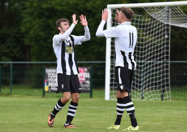 Connor Pilbeam of Peterborough Northern Star (right) celebrates his goal with Zam Munton during the 3-3 draw with Sileby. Photo: Chantelle McDonald. @cmcdphotos