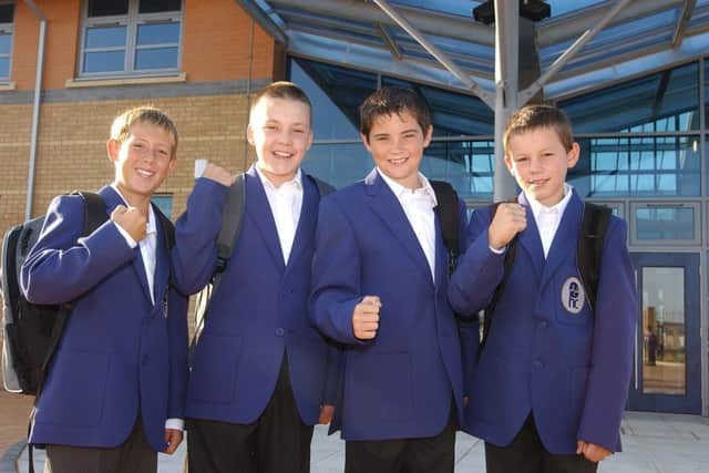 First day of new school at Hampton Secondary school, exterior GV
David Notton (11), Simon Parker (11) Joshua Asplin (12) and Chester Oliver (11) all year 7 pupils heading into school for first day