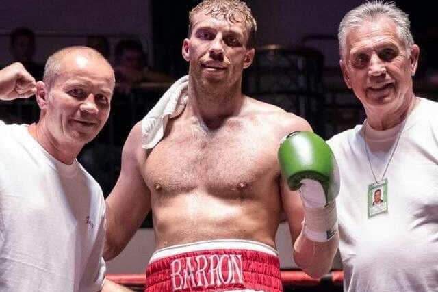 Sam Barron with dad Gary (left) and trainer Jimmy Tibbs (right).