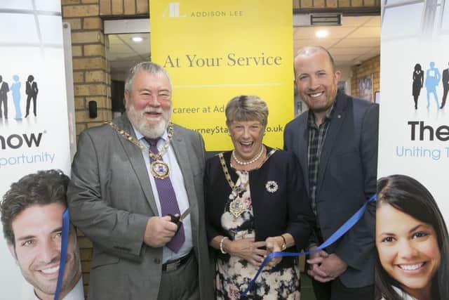 From left, Mayor of Peterborough, Cllr John Fox,  Mayoress Cllr Judy Fox and Ben Ford, head of customer experience for Addison Lee.