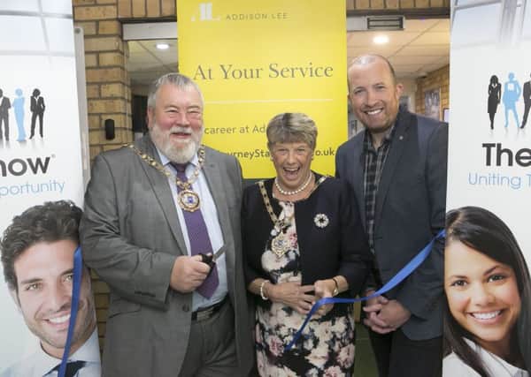 From left, Mayor of Peterborough, Cllr John Fox,  Mayoress Cllr Judy Fox and Ben Ford, head of customer experience for Addison Lee.