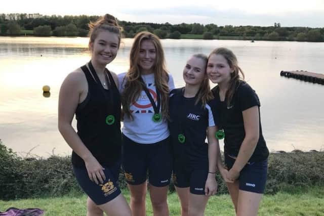 The victorious Womens  J18 quad of Olivia Hutchinson, Libby Jarvis, Georgina Parker and Hannah Bassett.