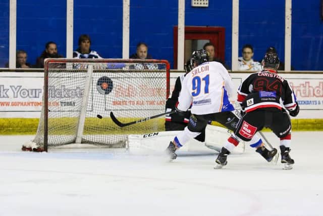 Nathan Salem scores his second goal for Phantoms against Cardiff. Photo: Tom Scott - AMOimages.com.
