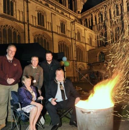 YMCA Sleep Easy organisers with Stuart Orme and Mayor of Peterborough Coun. John Fox and Mayoress Judy Fox in the Peterborough Cathedral cloisters. EMN-170930-180705009