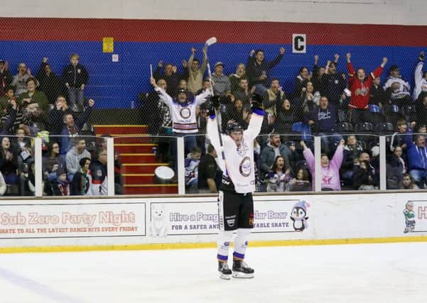 Leigh Jamieson celebrates his goal against Invicta in front of delighted Phantoms fans. Photo: Tom Scott - AMOimages.com.