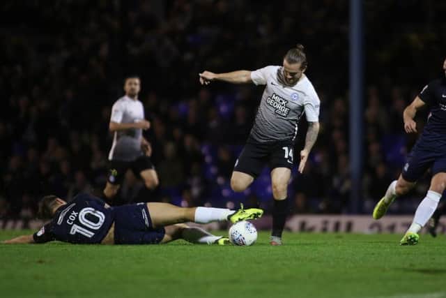 Posh striker Jack Marriott beats Southend's Simon Cox. Photo: Joe Dent/theposh.com.