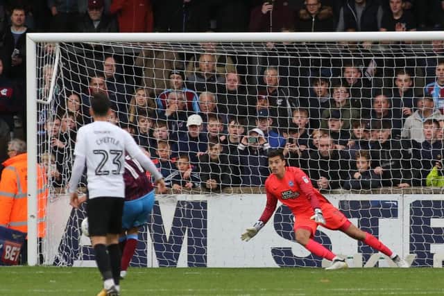 Josh Morris scores the winning penalty for Scunthorpe against Posh. Photo: Joe Dent/theposh.com.