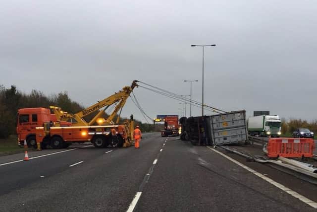 Recovery begins on the A1M near Peterborough. Photo: @roadpoliceBCH