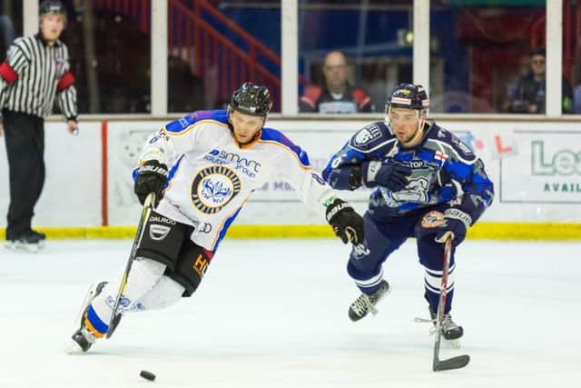 Phantoms' Darius Pliskauskas (white) in action against Sheffield Steeldogs. Â©2017 Thomas Scott. All rights reserved.