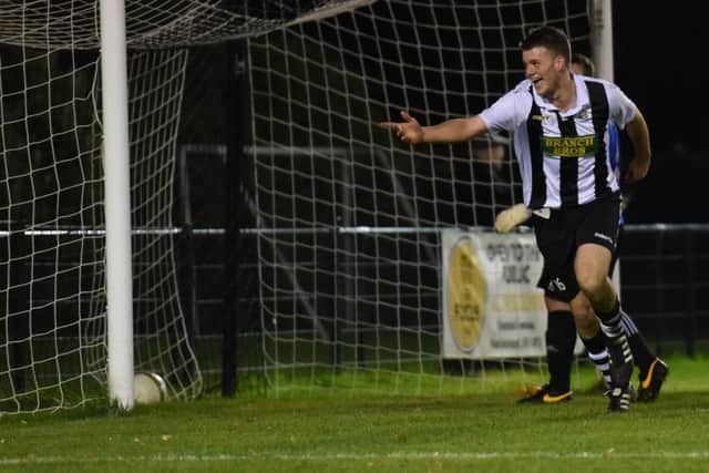 James Hill-Seekings celebrates his winning goal for Peterborough Northern Star against Sleaford. Photo: Chantelle McDonald. @cmcdphotos