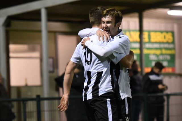 James Hill-Seekings (left) and Zak Munton celebrate the winning goal for Peterborough Northern Star against Sleaford. Photo: @cmcdphotos,