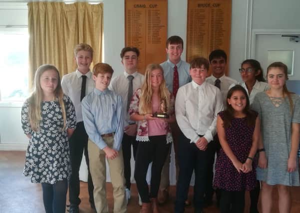 The victorious Peterborough Milton junior team. From the left they are Ellie-Mae Horsted, Euan Herson, Harry Smith, Adam OBrien, Emily Horsted, Hamish Leeds, Rylan Thomas, Rajeev Rajani, Maliha Mirza, Shivani Karthikeyan and Megan Chandler.
