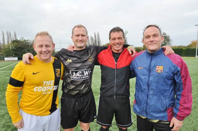Macmillan cancer charity football event at Yaxley Football Club at In2itive Park. Players   Laurence Clark, ex-Posh player Marcus Ebdon, Jim Watson and James bMcAdie. EMN-171029-155028009