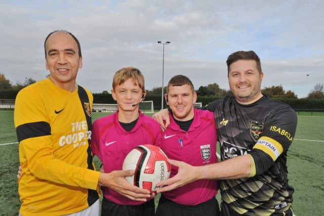 Macmillan cancer charity football event at Yaxley Football Club at In2itive Park. Team captain Ian Rudd, officials Corey Howard and Paul Gregory and event organiser Marco Sementa EMN-171029-155053009