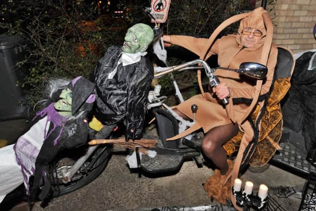 Halloween House at Bringhurst, Orton Goldhay. Colin Brittle on his ghost bike EMN-171031-190858009