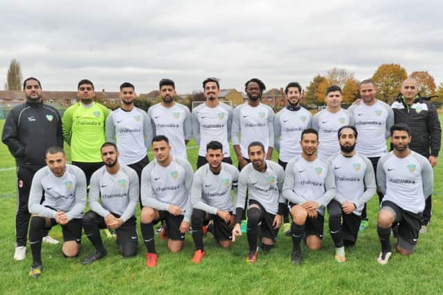 FC Peterborough before their win over Parkway Eagles: FC Peterborough are pictured before their 4-2 win over Parkway Eagles. They are from the left, back, Mohammed Younis, Mohammed Shamus, Zohaib Iqbal, Asif Rehman, Azi Sharifi, Amadu Braima, Zeeshan Ali, Azad Hamid, Faisal Said, Imtiaz Ali, front, Jihad Hassan, Amar Zamir, Klodjan Memaj, Aslan Ali, Hamza Akram, Ricardo Varudo, Zahid Choudhary and Saqib Rasib.