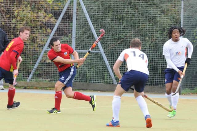 A shot at goal from City of Peterborough's Alex Armstrong in Saturday's  win over St Albans at Bretton Gate. Photo: David Lowndes.